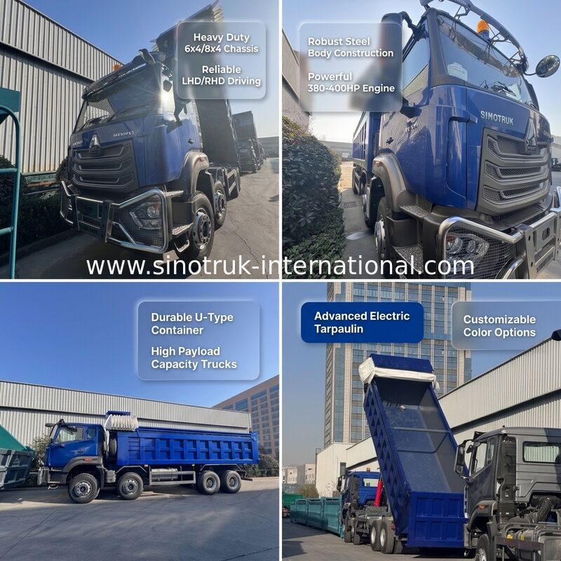 Sinotruk HOHAN Nuovo HOWO 8X4 Dump Truck 371hp H77L Cabina Blu Con telone elettrico RHD