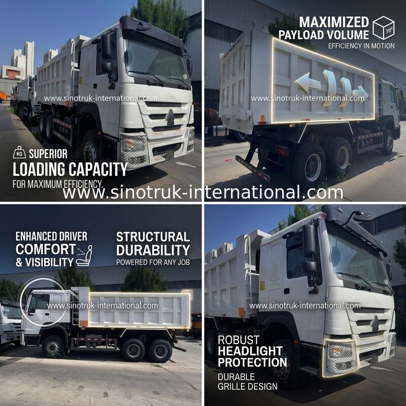 Motore SINOTRUK 371HP 6 × 4 LHD HOWO Autocarro con cassone ribaltabile Bianco 19-20CBM Sollevamento centrale