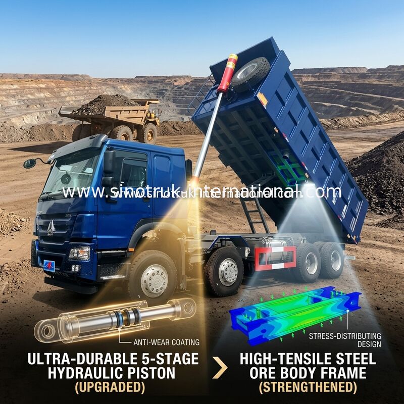 Autocarro con cassone ribaltabile blu di SINOTRUK HOWO LHD 12wheels 8X4 400HP per estrazione mineraria Front Lifting 50Tons
